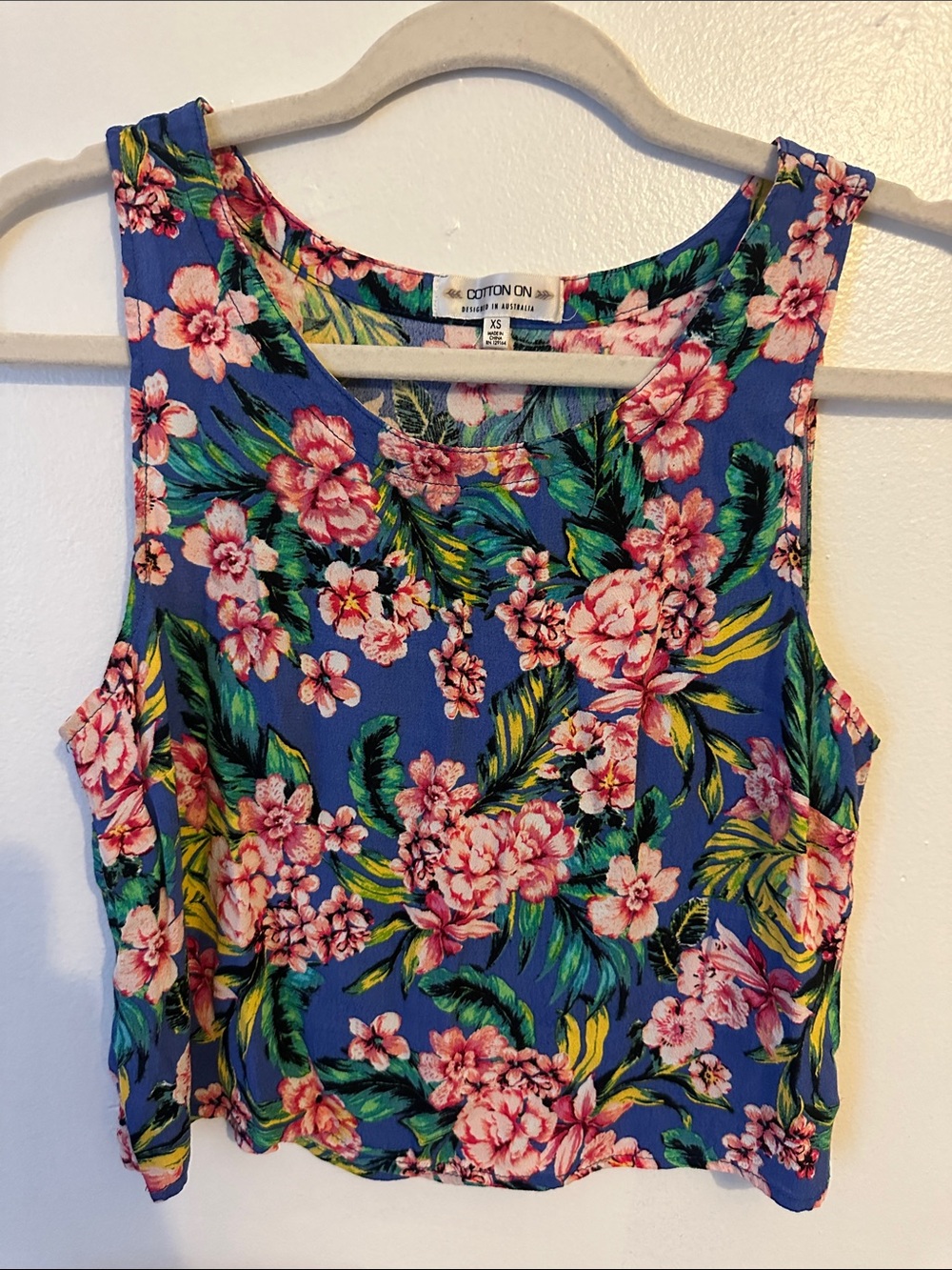 Cotton On Blue Floral Tank with Pink Blossoms